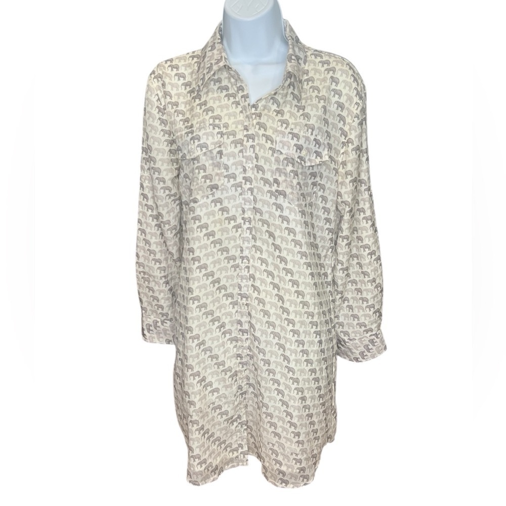 Sheridan French gray & white elephant long sleeve button-down shirt dress SZ 8